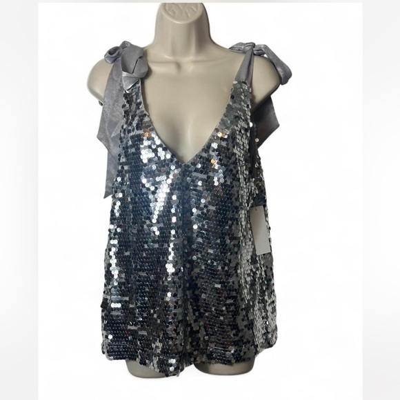 Aura Tops - ‎Sequin Shoulder Tie Tank Top